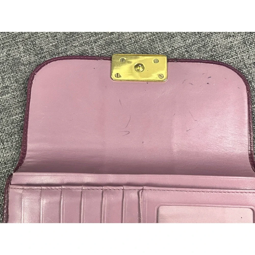 Coach Purple Leather Trifold Wallet Gold Push Lock Flap Long Organizer Wallet
